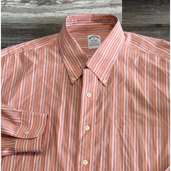 Brooks Brothers Shirt Pinstripe Mens XL Slim‎ Fit Button Down Peach Pink Blue - Picture 1 of 8